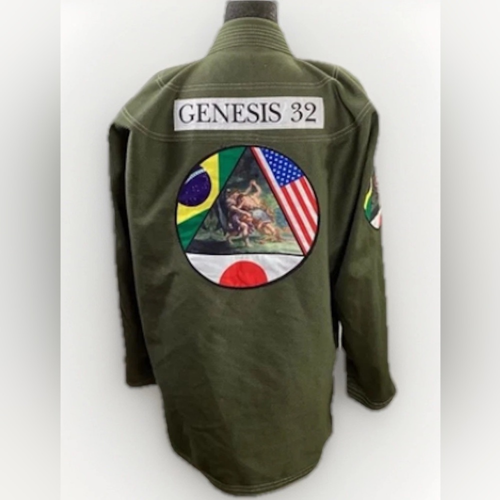 Jiu Jitsu Gi Size A2 Olive Green Biblical Scene Genesis 32 Brazil USA Japan Flag